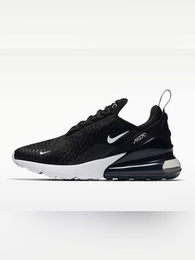 Nike Air Max 270 shoes in a black and white colorway.